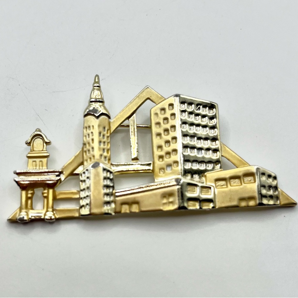 Vintage AJC City Skyline Brooch – Gold & Silver Tone Architectural Pin